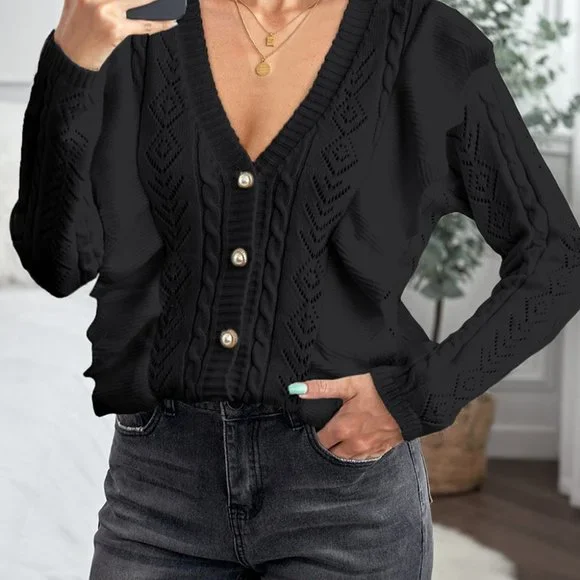 Black Ruffled Buttoned Open Front Knitted Sweater - Picture 16 of 16